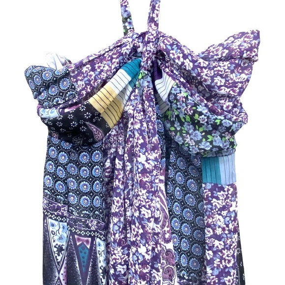 Trés Chic Bohemian Multi-Pattern Halter Midi Dress Patchwork Flounce Sundress S - Picture 3 of 16